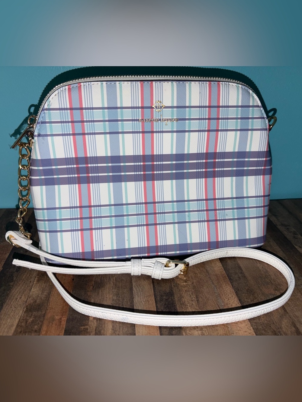 Nanette Lepore White Plaid Crossbody Bag